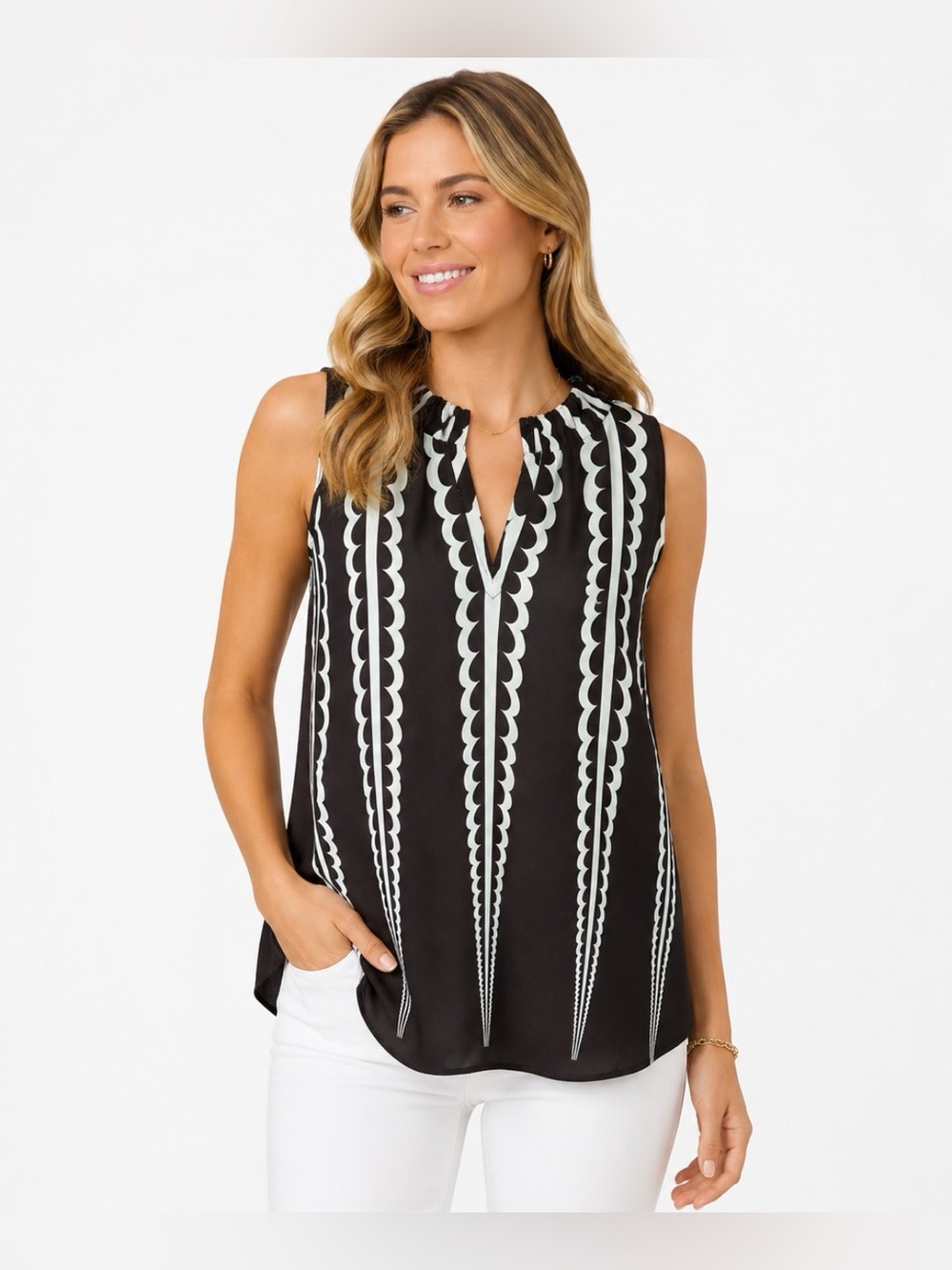 264 CAbi XS Brown White Geometric Sleeveless Blouse Tunic Top Sheer Career Chic